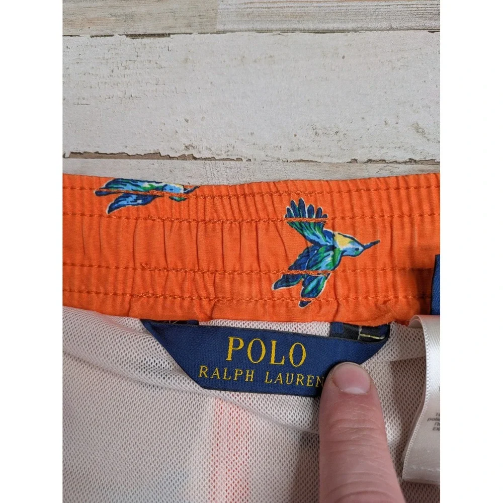 Polo Ralph Lauren Swim Trunks Mens M Hummingbird Print Orange Drawstring Beach